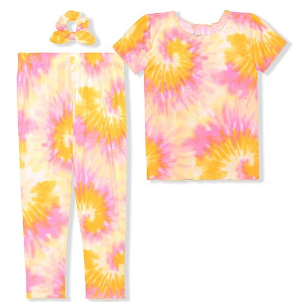 Sweet Dreams Pink & Yellow Sparkle Tie-Dye Pajama Set +Scrunchie--size 5